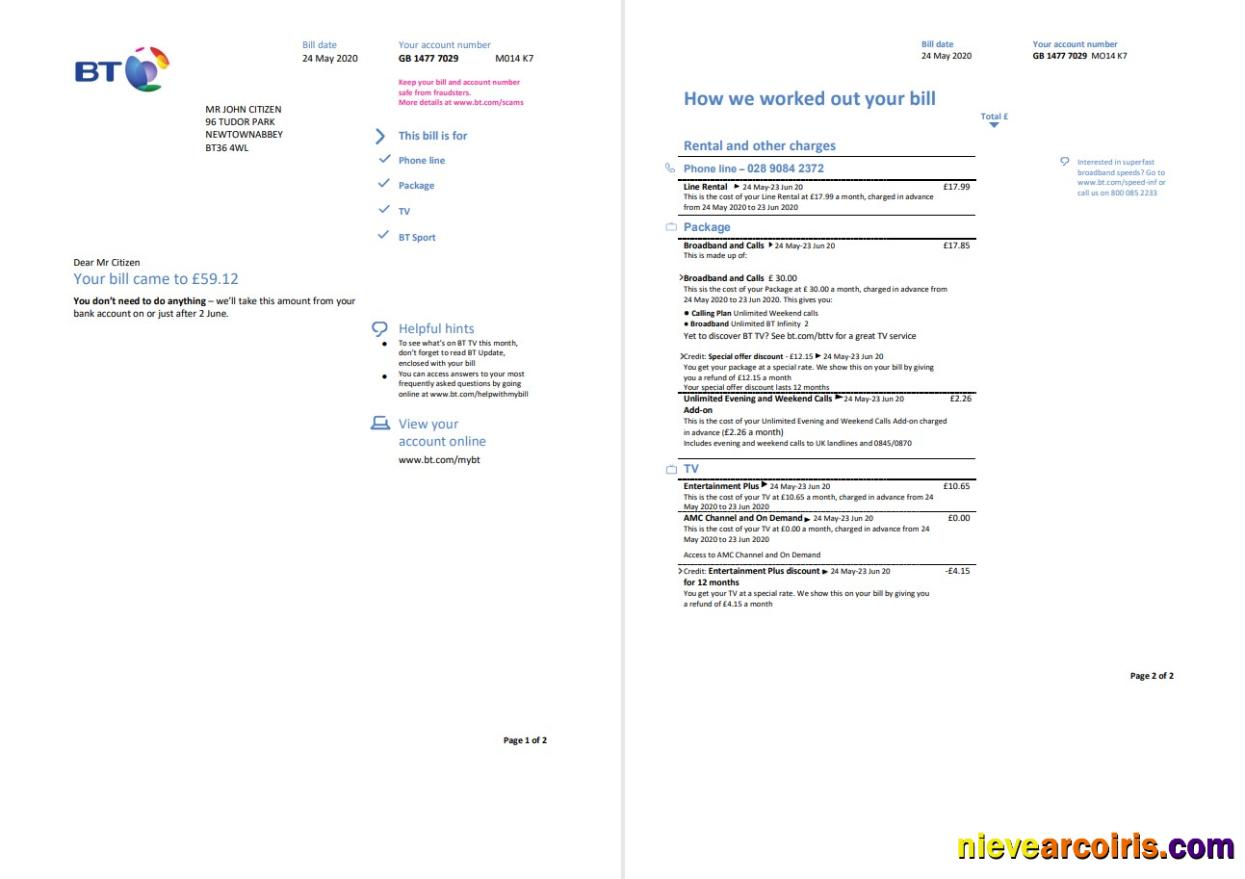 United Kingdom BT utility bill 2 pages